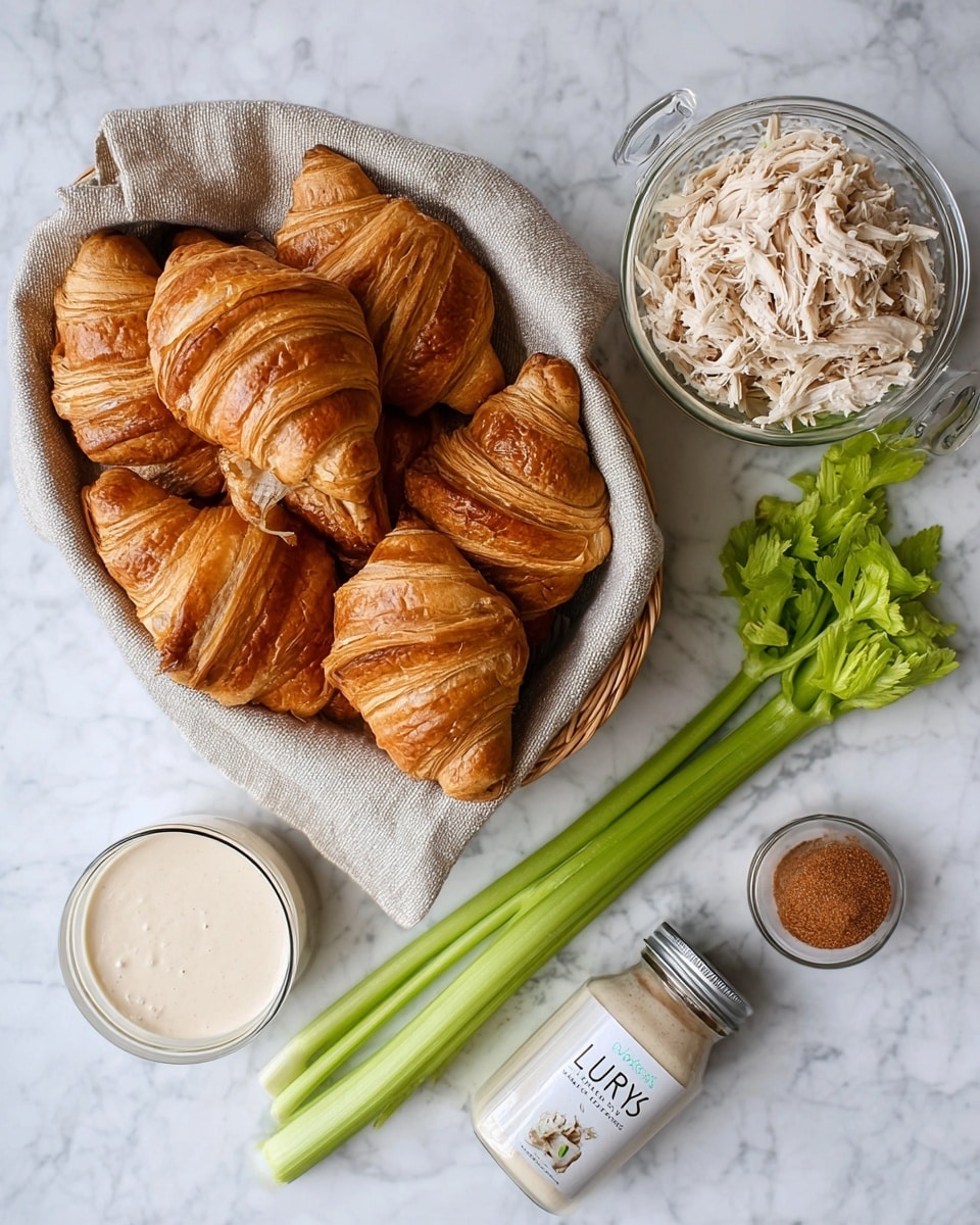 A basket lined with a beige textured cloth holds eight golden-brown croissants with layered, flaky surfaces, arranged closely together. To the right of the basket, there is a white marbled surface with a clear glass measuring cup filled with shredded light-colored chicken positioned near the top right. Below the chicken, two long green celery stalks with leafy tops lie diagonally, pointing from the lower left to the upper right. Near the bottom center, a small clear glass container holds a creamy white sauce, smooth in texture. To the right of the sauce, a small glass bottle with a silver lid contains a reddish-brown powder labeled