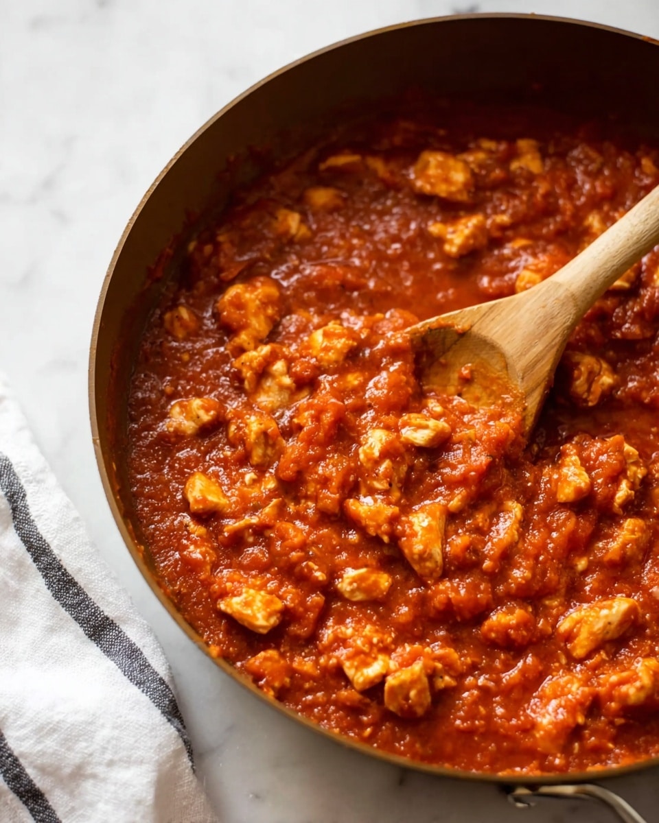 A close-up view of a brown pan filled with a thick, chunky red tomato sauce with many small pieces of white chicken mixed in. A wooden spoon is stirring the sauce, showing the texture of the cooked chicken pieces and the rich, slightly glossy sauce made from crushed tomatoes and spices. The pan sits on a white marbled surface, and part of a white cloth with dark stripes is visible in the bottom corner of the image. photo taken with an iphone --ar 4:5 --v 7