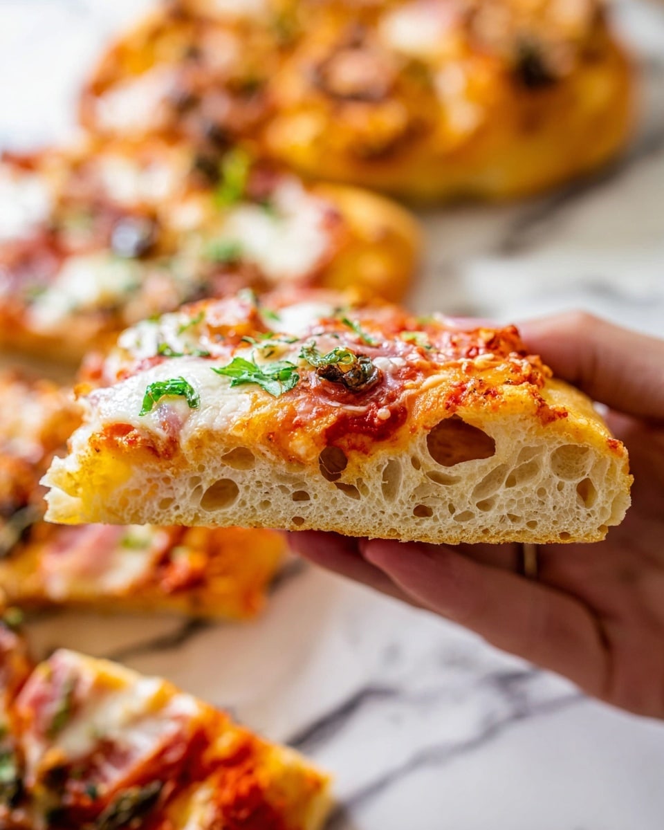 A woman's hand holds a slice of pizza with a thick, airy crust showing large air bubbles inside. The pizza has three visible layers: a golden-brown crust base, a vibrant red tomato sauce layer with smooth texture, and a topping of melted white cheese scattered with small bits of green herbs. The background features more pizza slices on a white marbled surface, slightly out of focus, adding warmth with their reddish-orange hues and hints of darker toppings. photo taken with an iphone --ar 4:5 --v 7