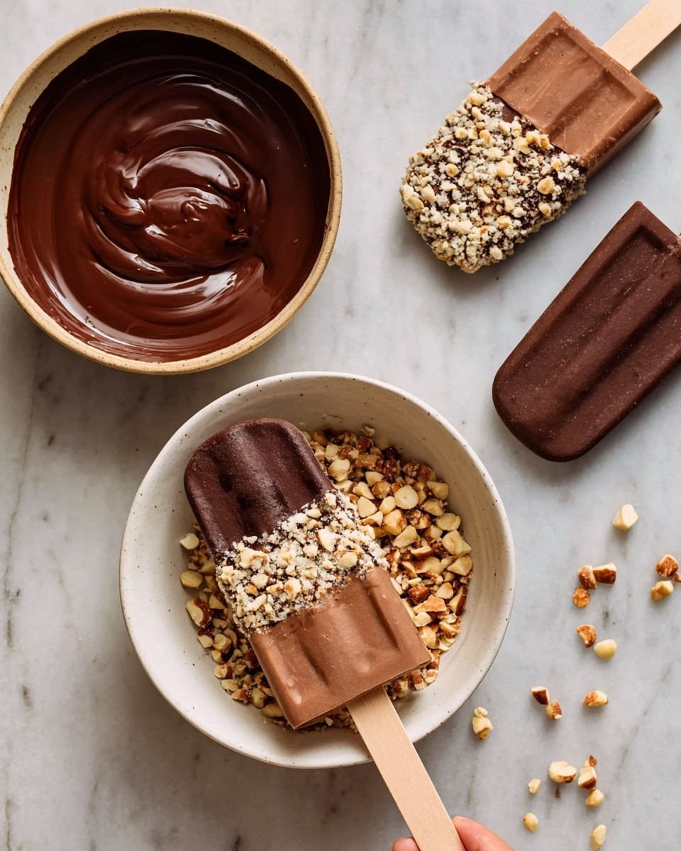 The image shows a chocolate popsicle with three layers: the bottom is smooth milk chocolate, the middle dipped in dark chocolate, and the top covered with crushed nuts. One popsicle is partially dipped in a bowl of crushed nuts, with a woman's hand holding the wooden stick. Nearby, there is a white bowl filled with melted dark chocolate, and two plain chocolate popsicles lying on a white marbled surface. Photo taken with an iphone --ar 4:5 --v 7