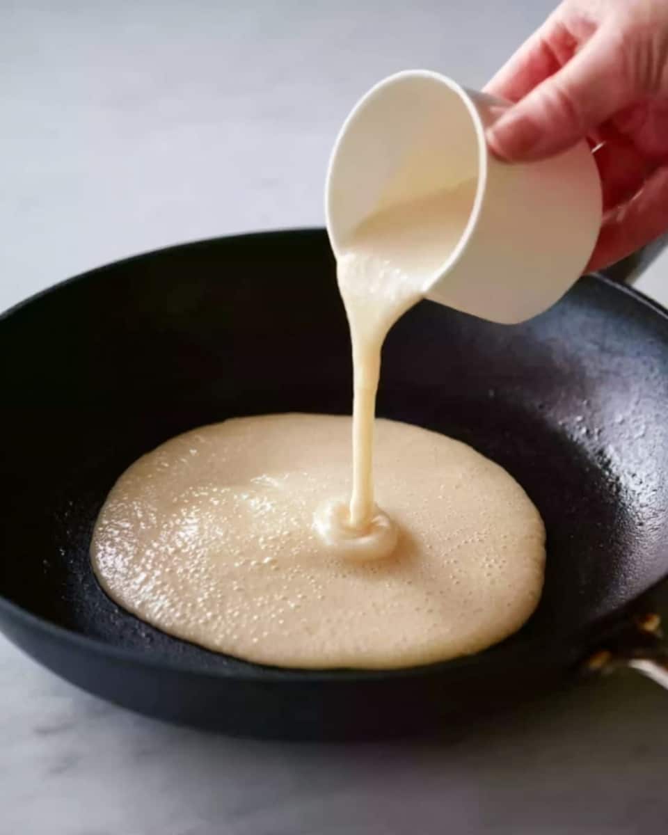 A skillet with a dark, smooth surface is shown, positioned on a white marbled background. A woman's hand holds a white cup above the skillet, pouring a thick, creamy batter that is pale beige in color. The batter flows in a slow stream, forming a round, spreading layer in the center of the skillet. The shot focuses on the moment the batter meets the skillet, showing slight texture of air bubbles starting to form on the batter's surface. Photo taken with an iphone --ar 4:5 --v 7