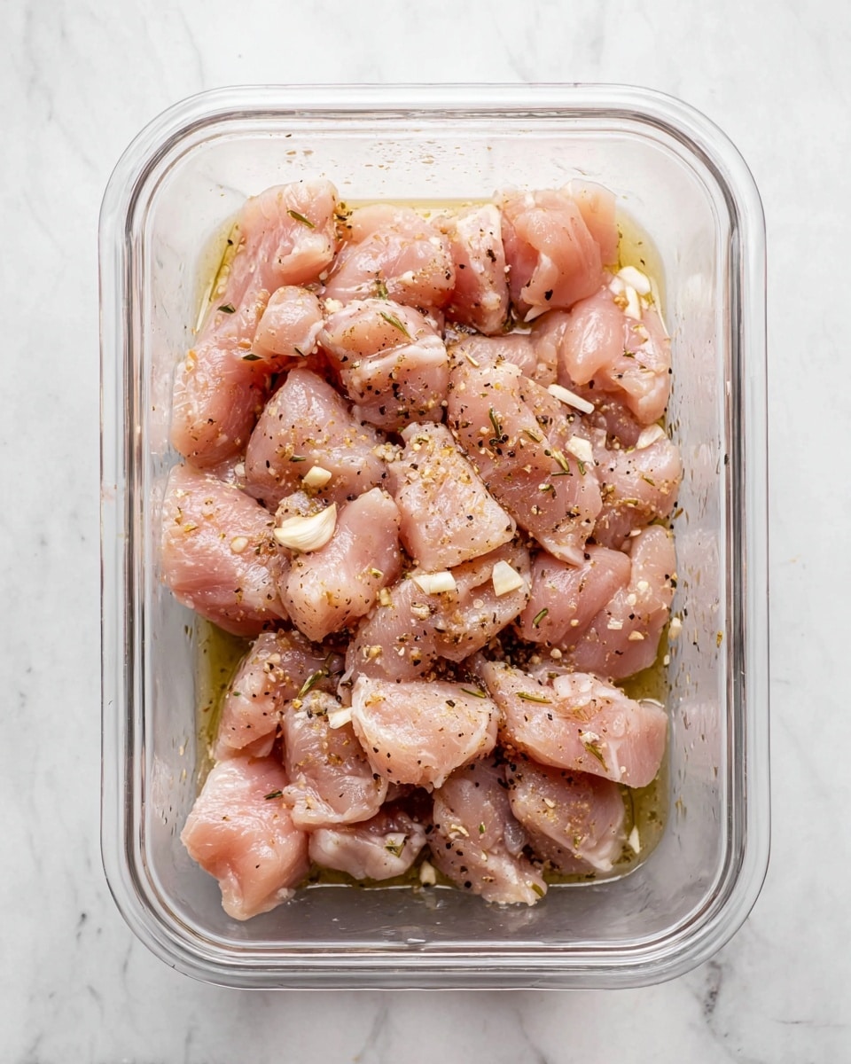 Inside a clear rectangular container, there are many small pieces of raw pink chicken mixed with small bits of white garlic and black pepper. The chicken pieces are uneven in size and look moist with a light coating of oil and herbs. The container is placed on a white marbled surface. photo taken with an iphone --ar 4:5 --v 7