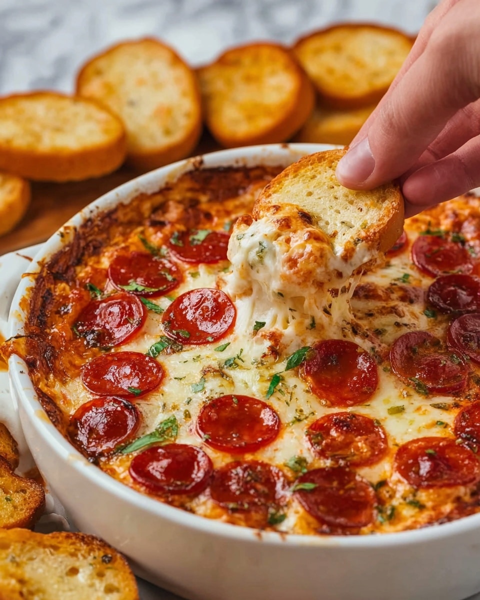 A white bowl filled with a baked cheesy dip topped with many small round pepperoni slices scattered evenly on top. The dip has melted cheese that is golden brown on the edges and stretches as a woman's hand dips a round toasted bread piece into it. Small green herb pieces are sprinkled on the surface, adding a fresh color contrast. In the background, more toasted round bread slices are visible on a white marbled surface. photo taken with an iphone --ar 4:5 --v 7