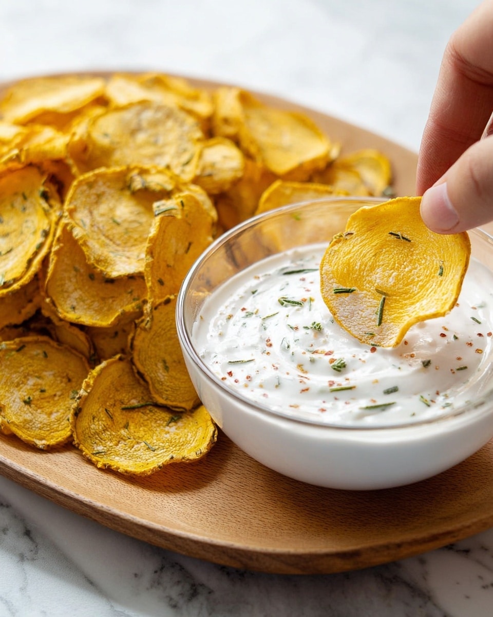 A close-up view shows a white bowl filled with many thin, round, golden-yellow dried vegetable chips with visible seeds and wrinkled textures, placed on a wooden board. Next to the bowl is a clear round glass bowl with a creamy, white dip sprinkled with small green herb pieces and tiny red specks. A finger is dipping one chip halfway into the creamy dip, showing a smooth contrast between the crisp chip and the sauce. The setting is on a white marbled surface with soft, natural lighting. Photo taken with an iphone --ar 4:5 --v 7