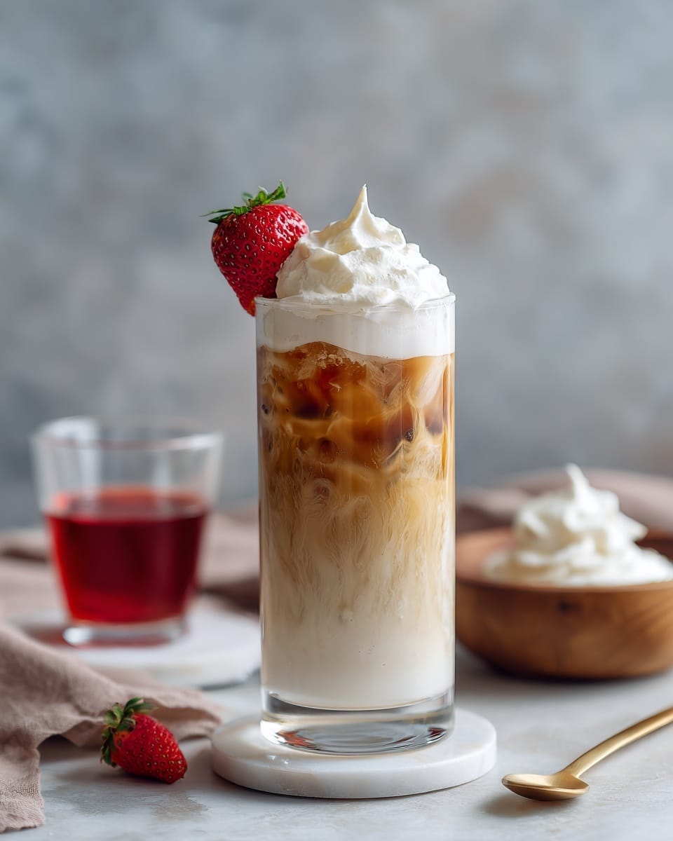 A tall, clear glass holds a three-layer iced coffee drink placed on a white marbled surface. The bottom layer is a light creamy white, the middle layer is a mix of light brown with visible ice cubes, and the top layer is thick, white whipped cream with a fresh red strawberry resting on the glass rim. In the background, there is a small clear cup filled with red liquid and a wooden bowl with more whipped cream and a golden spoon nearby, all set against a soft gray backdrop. photo taken with an iphone --ar 4:5 --v 7