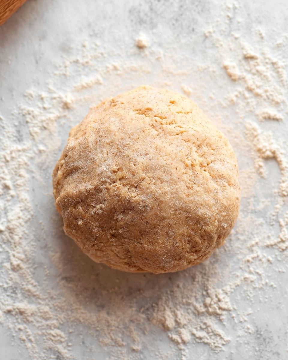 A single round ball of dough with a rough, slightly cracked surface sits in the center of a white marbled texture sprinkled with flour. The dough is light brown with visible specks, showing a textured and firm appearance as if ready to be rolled out. The scene is simple and focused on the dough ball alone, with soft natural lighting that highlights its slight unevenness and grainy texture photo taken with an iphone --ar 4:5 --v 7