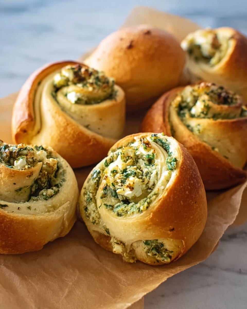 The image shows six golden brown bread rolls with soft, shiny crusts arranged on a piece of parchment paper above a white marbled surface. Each roll is filled with a creamy white and green herb mixture, visible through the spiral and open ends. The filling has a slightly chunky texture with small pieces of greens. The rolls have a light, fluffy inside with a swirled shape that exposes the filling in multiple layers. The background is simple, with focus on the warm bread. photo taken with an iphone --ar 4:5 --v 7