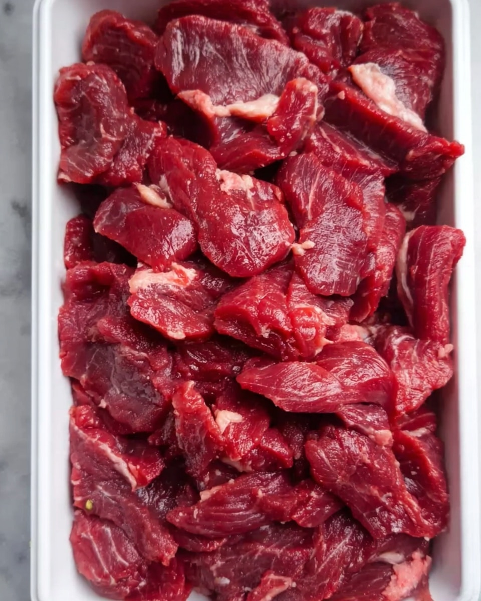The image shows a close-up view of many pieces of raw dark red meat spread evenly over a white rectangular container. The meat pieces are thin and have visible marbling with light fat patches showing through. The texture appears fresh and slightly moist, filling the container fully from edge to edge. The background is a white marbled surface. photo taken with an iphone --ar 4:5 --v 7