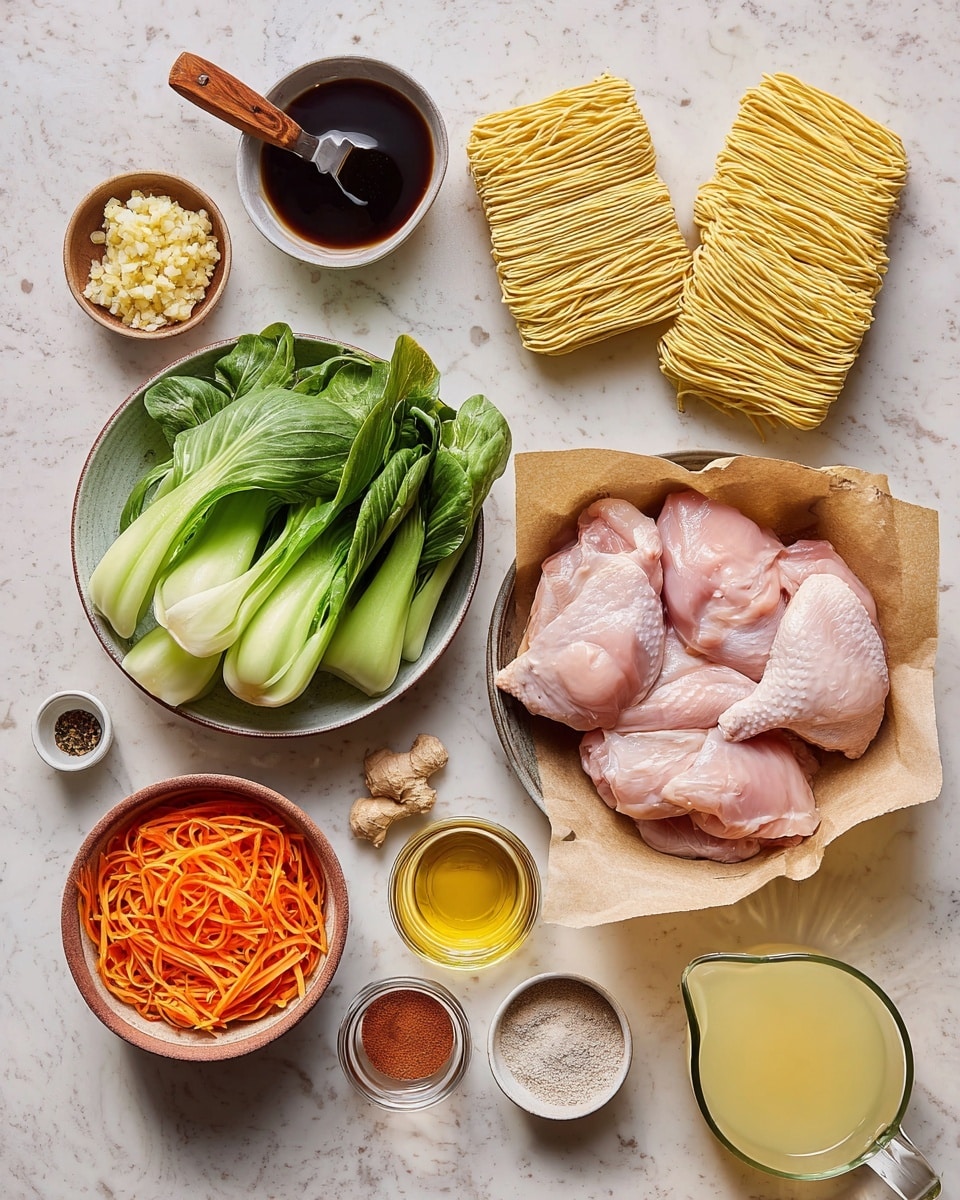 The image shows several ingredients for a meal arranged neatly on a white marbled surface. In the center right, there is a bowl lined with brown parchment paper holding three large pink pieces of raw chicken. Above the chicken, two blocks of dry yellow noodles are side by side. To the left of the chicken is a bowl with fresh green bok choy leaves arranged to show their varying shades of green. Below the chicken is a bowl of thin, bright orange carrot strips. Around these main ingredients are small bowls and containers holding different items: minced garlic and ginger in a brown bowl in the upper left, a small cup of dark soy sauce with a wooden handle above the chicken, a glass container of golden olive oil below the ginger bowl, a small cup of light brown liquid, a small dish with salt, black pepper, and a light tan powder, a bowl of reddish-brown seasoning powder, and a glass pitcher containing pale yellow broth on the bottom right. The whole setup looks clean and organized, with a light and natural feel. Photo taken with an iphone --ar 4:5 --v 7