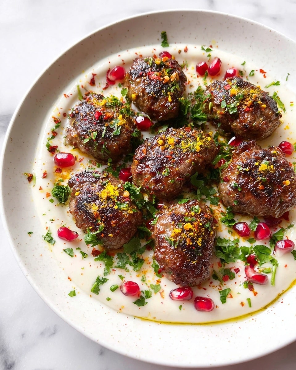 This dish shows a white plate with a layer of creamy white sauce spread evenly on the bottom. On top of this sauce, there are seven brown, grilled meat pieces arranged close together. The meat is sprinkled with bright yellow and red spices, and small green herb pieces are scattered over both the meat and the sauce. Red pomegranate seeds add little pops of color on the sauce. The plate sits on a white marbled surface. Photo taken with an iphone --ar 4:5 --v 7