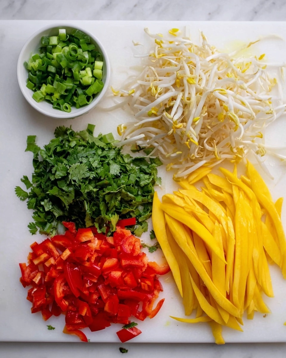 The image shows a white cutting board on a white marbled surface with five groups of chopped ingredients arranged clearly. Starting from the top left corner, there is a small white bowl filled with bright green chopped scallions. Below the bowl and moving right, there are pale white bean sprouts with some yellow ends, a small pile of finely chopped dark green cilantro in the middle, a bright red pile of diced red bell peppers near the bottom right, and on the far right, long thin strips of vibrant yellow mango. Each ingredient has a fresh, clean look with distinct textures and colors that stand out against the white cutting board. Photo taken with an iphone --ar 4:5 --v 7