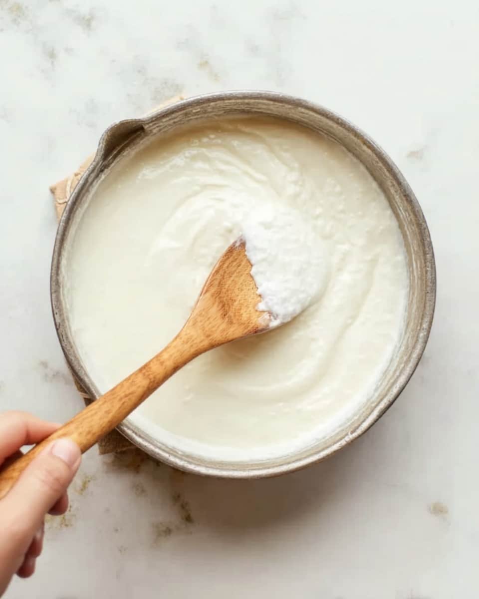 The image shows a close-up of a metal bowl filled with thick white batter. A wooden spoon with a smooth texture is partly dipped in the batter, holding a bit of it. A woman's hand is gently holding the spoon at the bottom left corner. The background is a white marbled surface. photo taken with an iphone --ar 4:5 --v 7