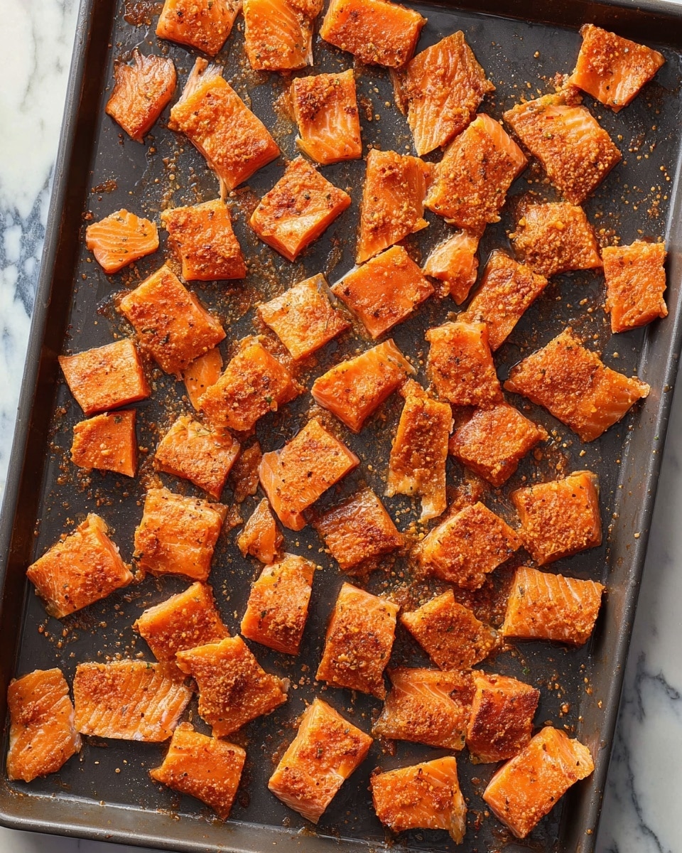 The image shows a dark baking tray filled with many small, uneven pieces of salmon spread out across the surface. Each piece is coated with a slightly shiny, orange seasoning mix, giving the salmon a textured, almost rough look. The pieces vary in size and shape, some with sharp edges and others more rounded, all lying flat on the tray. The tray rests on a white marbled surface, visible at the edges. photo taken with an iphone --ar 4:5 --v 7