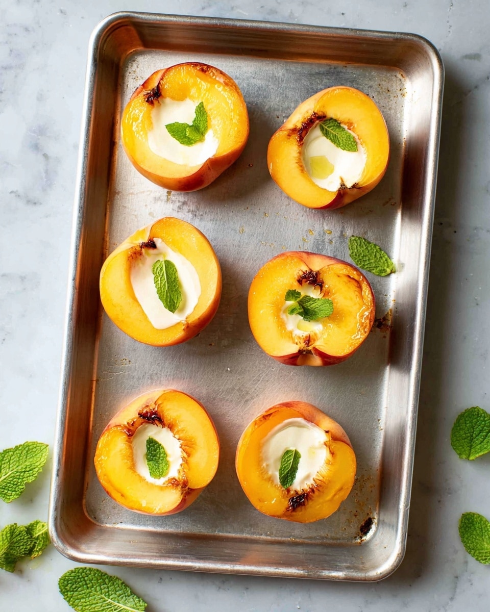 Six peach halves with a golden-orange skin and slightly browned edges are placed in two vertical rows on a metal baking tray. Each peach half is filled with a smooth, creamy white filling and topped with a small green mint leaf. Around the baking tray, a few extra mint leaves are scattered softly on a white marbled surface. The light reflects gently on the creamy filling and the warm tones of the peaches, making the image bright and fresh. Photo taken with an iphone --ar 4:5 --v 7