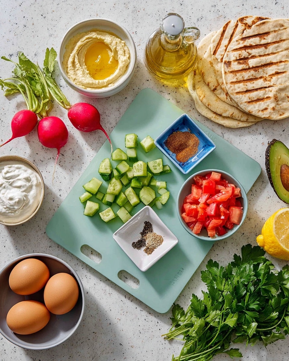 The image shows fresh ingredients arranged neatly on a white marbled surface. In the center, a pale green cutting board holds three small radishes with red skins and green tops on the left, chopped green cucumbers in small cubes at the top, and diced red tomatoes at the bottom. To the right on the board, there is a small blue dish filled with brown spice and a white divided dish holding salt and black pepper. Around the cutting board, from left to right, there is a small white bowl with thick white cream, half a lemon with bright yellow flesh, a beige bowl filled with smooth light yellow hummus, a gray bowl holding two brown and two white eggs, a glass bottle of golden olive oil, toasted grill marks on white flatbread stacked near the top right, half of a light green avocado with a brown seed, and a bright green leafy bunch of parsley at the bottom right. The photo taken with an iphone --ar 4:5 --v 7