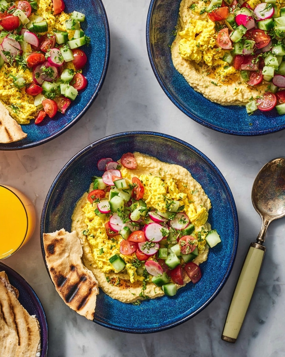 A white plate holds a layered dish starting with a smooth, light tan hummus spread covering the base. On top of the hummus, towards one side, there is a vibrant pile of chopped salad with green cucumber chunks, red and white radish pieces, and red tomato cubes, all mixed with fresh green herbs. Next to the salad, there is a portion of soft, yellow scrambled eggs with visible whites, seasoned with black specks and a drizzle of oil. A piece of pita bread is tucked under the edge of the hummus on the left side. The whole dish is placed on a white marbled surface. Photo taken with an iphone --ar 4:5 --v 7
