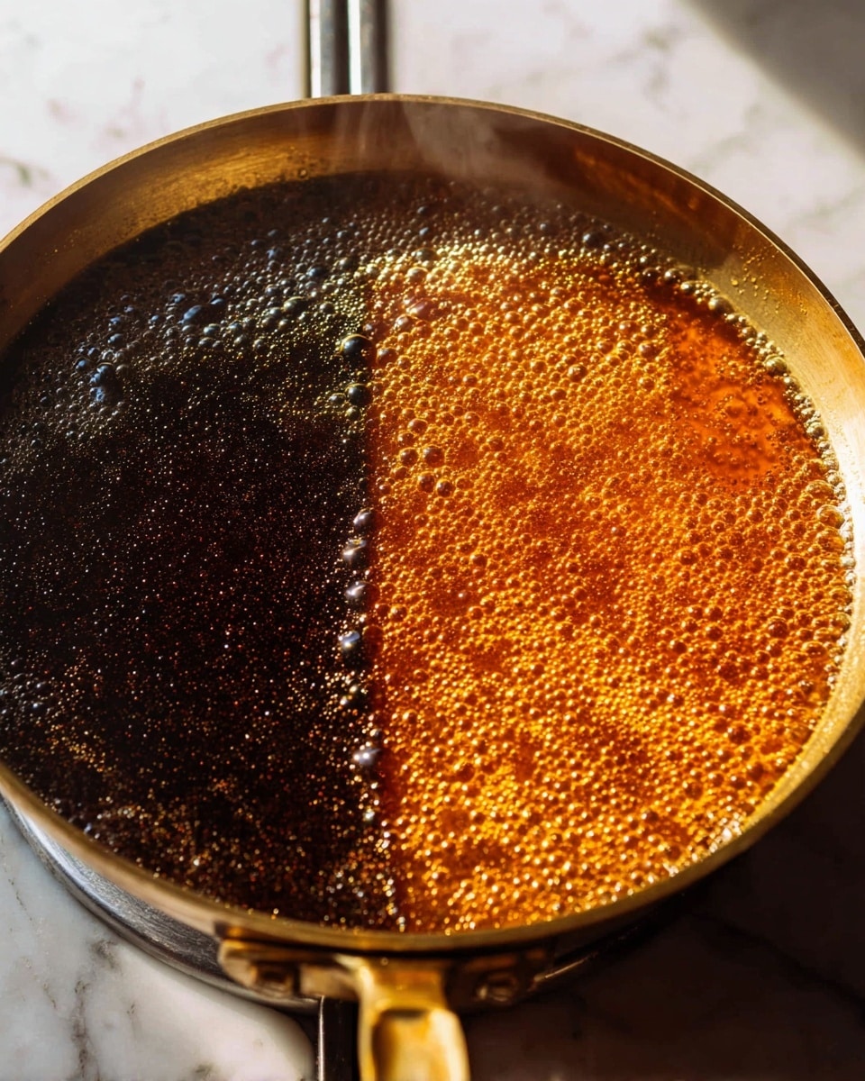 A close-up image of a pan showing two sections of bubbling liquid. The left side has a dark brown color with tiny bubbles creating a slightly rough texture, while the right side has a bright amber orange color with many small, shiny bubbles giving a smooth, glistening look. Thin steam rises gently from the pan's edge. The pan has a shiny brass handle and rests on a stove with a white marbled countertop beside it. photo taken with an iphone --ar 4:5 --v 7