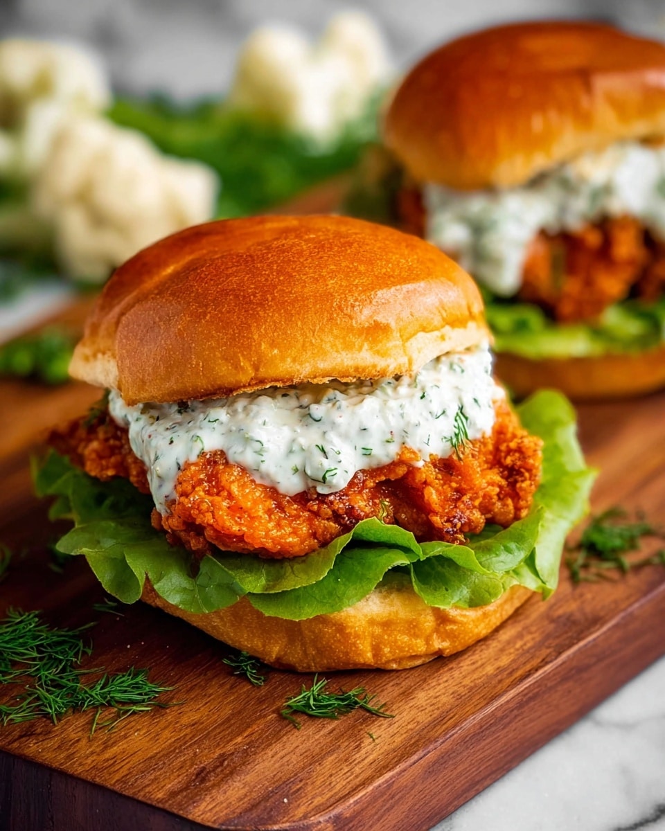 The image shows two fried chicken sandwiches on a wooden board with fresh green lettuce at the bottom. Each sandwich has a soft, shiny golden-brown bun on top. The crispy, bright orange fried chicken piece sits in the middle, covered with a thick layer of creamy white sauce with green herbs mixed in. The sandwich in the foreground is fully visible, while part of the second sandwich is shown in the background. Some green herbs and white cauliflower pieces are scattered around the board. The background is a white marbled texture. Photo taken with an iphone --ar 4:5 --v 7