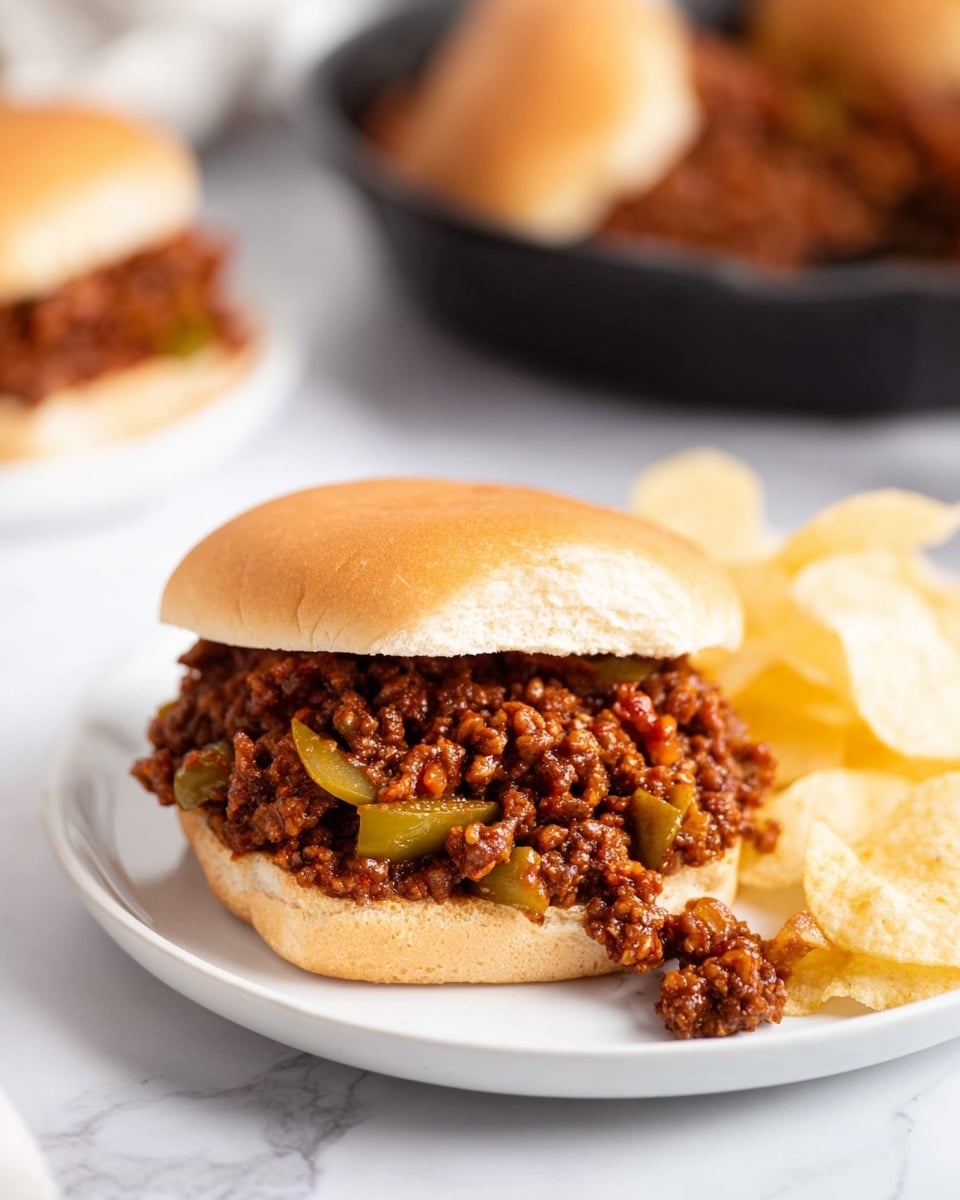 A white plate on a white marbled surface holds a sloppy joe sandwich and potato chips. The sandwich has three visible layers: a light brown soft bun on top, a thick middle layer of dark brown and reddish cooked ground meat mixed with green and yellow bell pepper pieces, and a light tan bun base underneath. Some sloppy joe filling is spilling over the right side of the plate. Light yellow potato chips sit behind the sandwich on the plate. In the background, there is a slightly blurred white plate with more bread buns and a black skillet with more meat mixture. Photo taken with an iphone --ar 4:5 --v 7