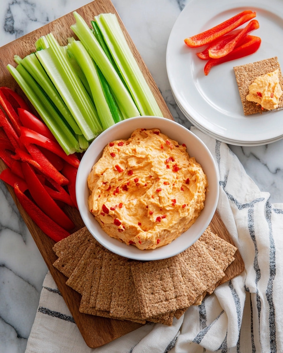 A white bowl filled with a creamy orange spread that has red specks, placed in the center of a wooden board. Around the bowl, there are fresh bright green celery sticks standing upright on the left side. To the right of the bowl, there are red bell pepper strips arranged neatly. At the bottom of the board, rectangular whole grain crackers are stacked overlapping each other. On the top right, a white plate shows a cracker with some spread on it, along with a few celery sticks and a red pepper strip. The scene is set on a white marbled surface with a white cloth that has dark stripes partially visible on the right side. Photo taken with an iphone --ar 4:5 --v 7