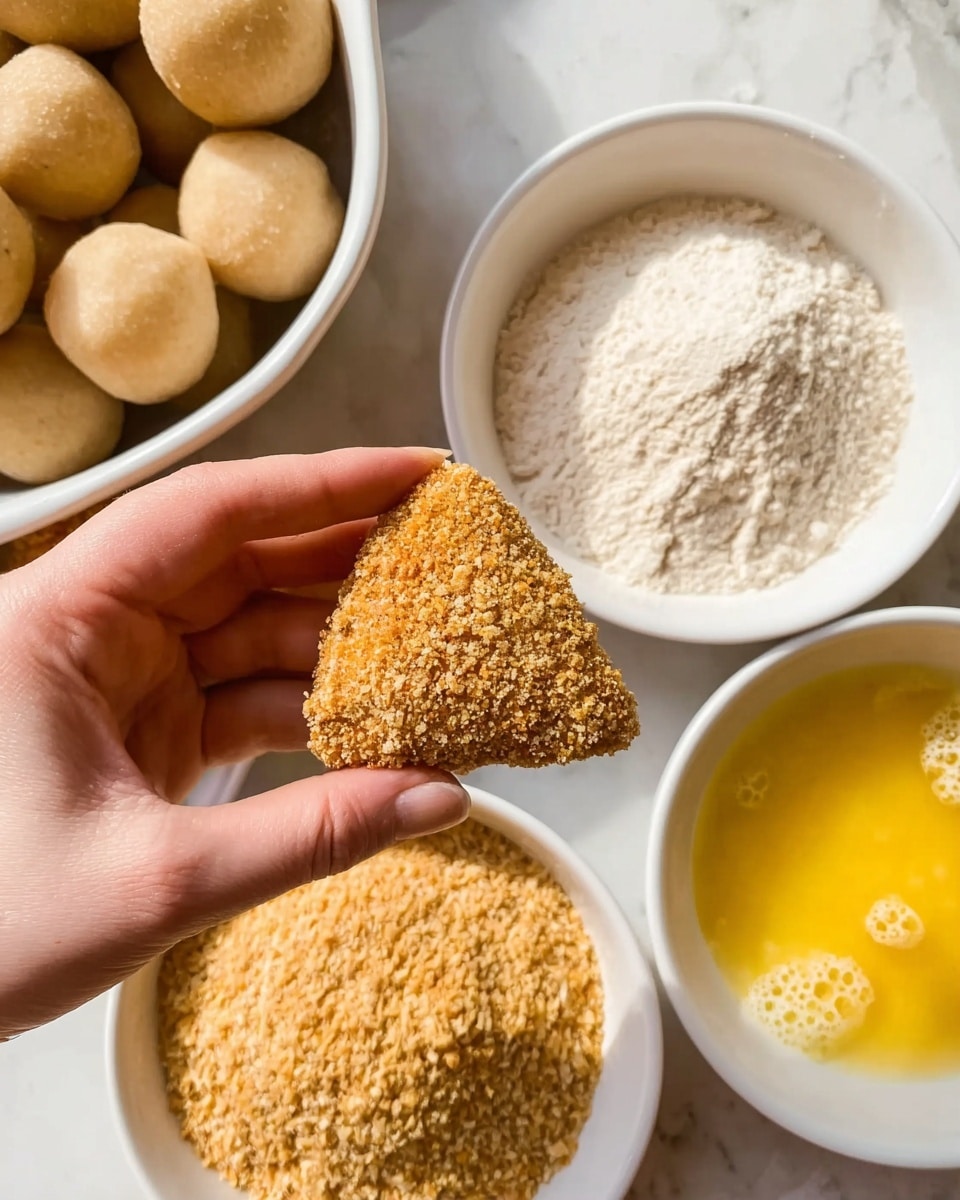 A woman's hand is holding a breaded triangular piece close to the camera, showing a rough light brown crispy texture on its surface. Below the hand, there are three white bowls arranged in a triangle on a white marbled surface: the top bowl is filled with white flour, the left bowl has beaten eggs with a smooth yellow color and slight bubbles, and the right bowl contains light brown breadcrumbs with a coarse texture. In the top left corner, there is a white bowl filled with round dough balls with a pale beige color. Photo taken with an iphone --ar 4:5 --v 7