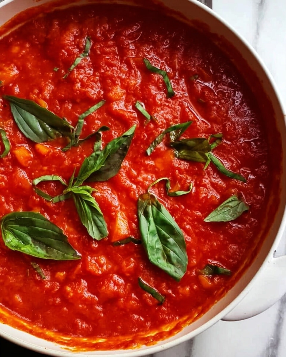 A close-up view of a white pan filled with a thick, bright red tomato sauce that has a slightly chunky texture with visible bits of tomatoes. On top of the sauce, several large, fresh green basil leaves are scattered, adding a contrast in color. The pan is placed on a white marbled surface. photo taken with an iphone --ar 4:5 --v 7