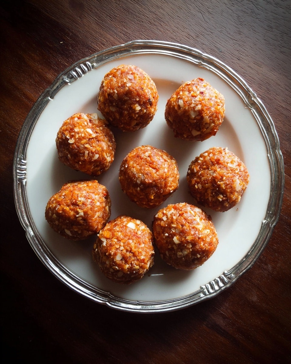 The image shows a white plate with a silver rim holding ten round orange-brown balls arranged in a loose circle. Each ball has a rough, textured surface with small white bits mixed throughout. The plate sits on a dark wooden surface. Photo taken with an iphone --ar 4:5 --v 7