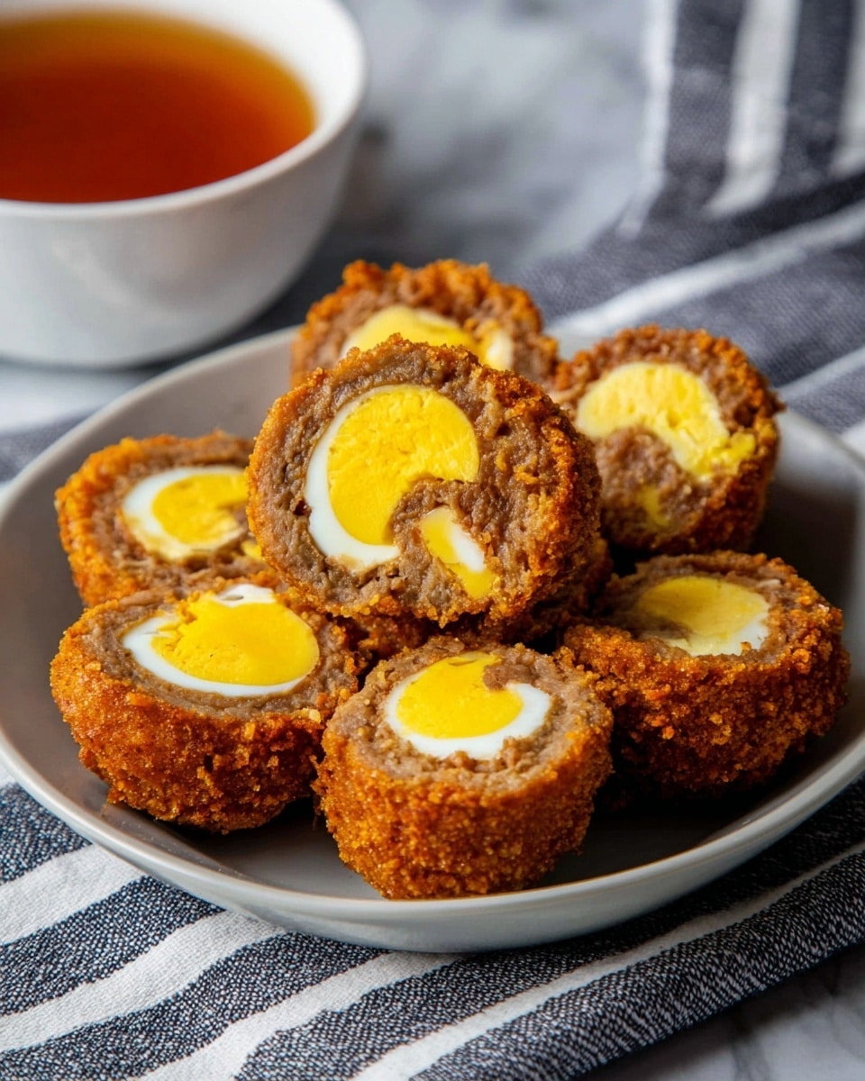 A white plate holds a stack of six Scotch eggs, each sliced in half, showing three layers: a bright yellow hard-boiled egg yolk center, surrounded by a layer of textured brown sausage meat, and covered with a crispy golden brown fried coating. The Scotch eggs are arranged closely together on the plate, with a white cup of brown tea in the background, all placed on a white marbled surface with a striped cloth partially visible beneath the plate. photo taken with an iphone --ar 4:5 --v 7