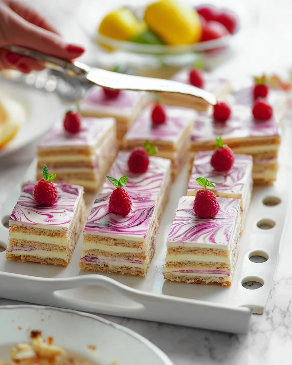 The image shows several rectangular layered cakes arranged neatly on a white tray with small cut-out handles. Each cake has multiple layers of light brown sponge cake sandwiched with cream. The top layer is smooth white icing with pink and purple swirls creating a marble effect. Each slice is topped with a single red raspberry and small green mint leaves for decoration. The tray sits on a white marbled surface with a woman’s hand holding a silver cake server beneath one piece. In the blurred background, a bowl of yellow and green fruits and a plate with crumbs are visible. Photo taken with an iphone --ar 4:5 --v 7