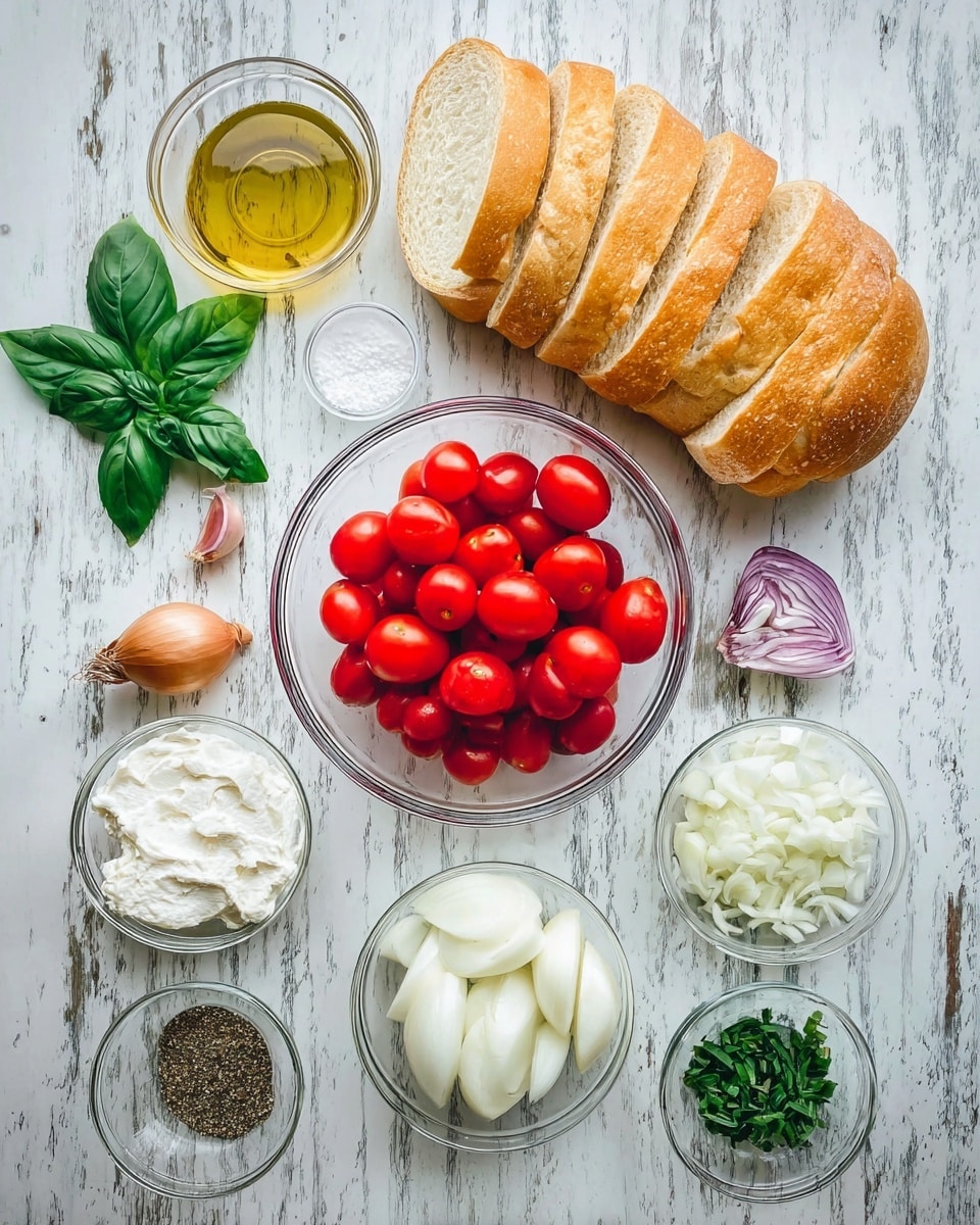 The image shows a top view of a food setup on a white marbled surface with a row of sliced golden-brown bread at the top right. Below it, in the center, is a clear bowl full of small bright red grape tomatoes. Surrounding this bowl are smaller clear bowls containing white cream cheese in the bottom left, peeled garlic cloves in the bottom right, thin white onion slices on the left, chopped green herbs on the right, and a mix of salt and pepper above. On the far left, there is a whole shallot and some fresh green basil leaves scattered around, with a small bowl of golden olive oil near the top left. A whole head of garlic is placed to the right near the herbs. photo taken with an iphone --ar 4:5 --v 7