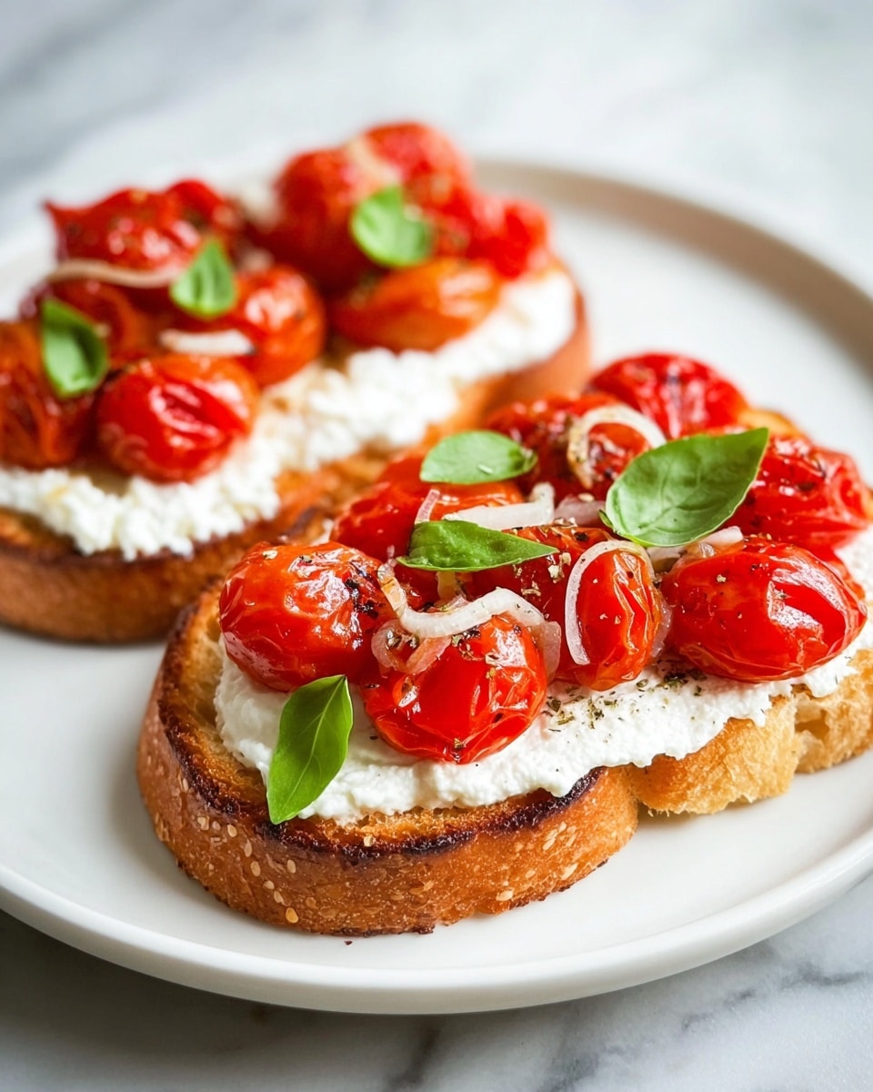 Two slices of toasted bread are placed on a white plate with a white marbled texture background. Each slice has a thick, creamy white cheese spread evenly as the bottom layer. On top of the cheese, there is a layer of bright red roasted cherry tomatoes with a slightly shiny, wrinkled texture. Thin, translucent rings of white onion are scattered over the tomatoes, adding light contrast. Small, fresh green basil leaves are placed on top of the tomato layer as garnish, providing a pop of green color. The overall look is fresh and vibrant with a mix of creamy, juicy, and crispy textures visible. photo taken with an iphone --ar 4:5 --v 7