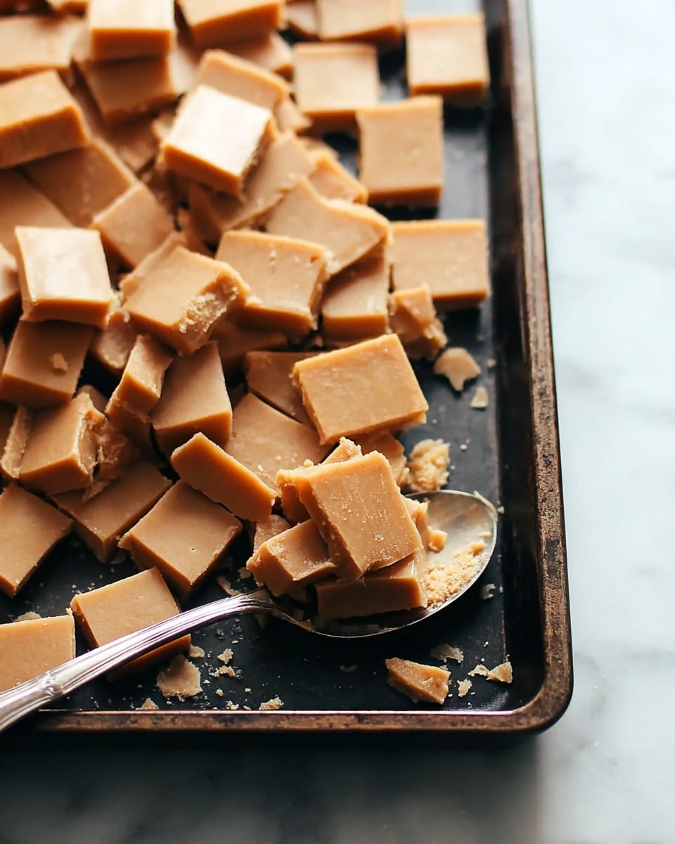A dark metal baking tray is filled with many small, flat, square pieces of light brown fudge, stacked loosely on top of each other. In the lower right corner of the tray, a silver spoon rests under some fudge squares, partially covered. The background shows a white marbled surface with soft light coming from the right side. photo taken with an iphone --ar 4:5 --v 7