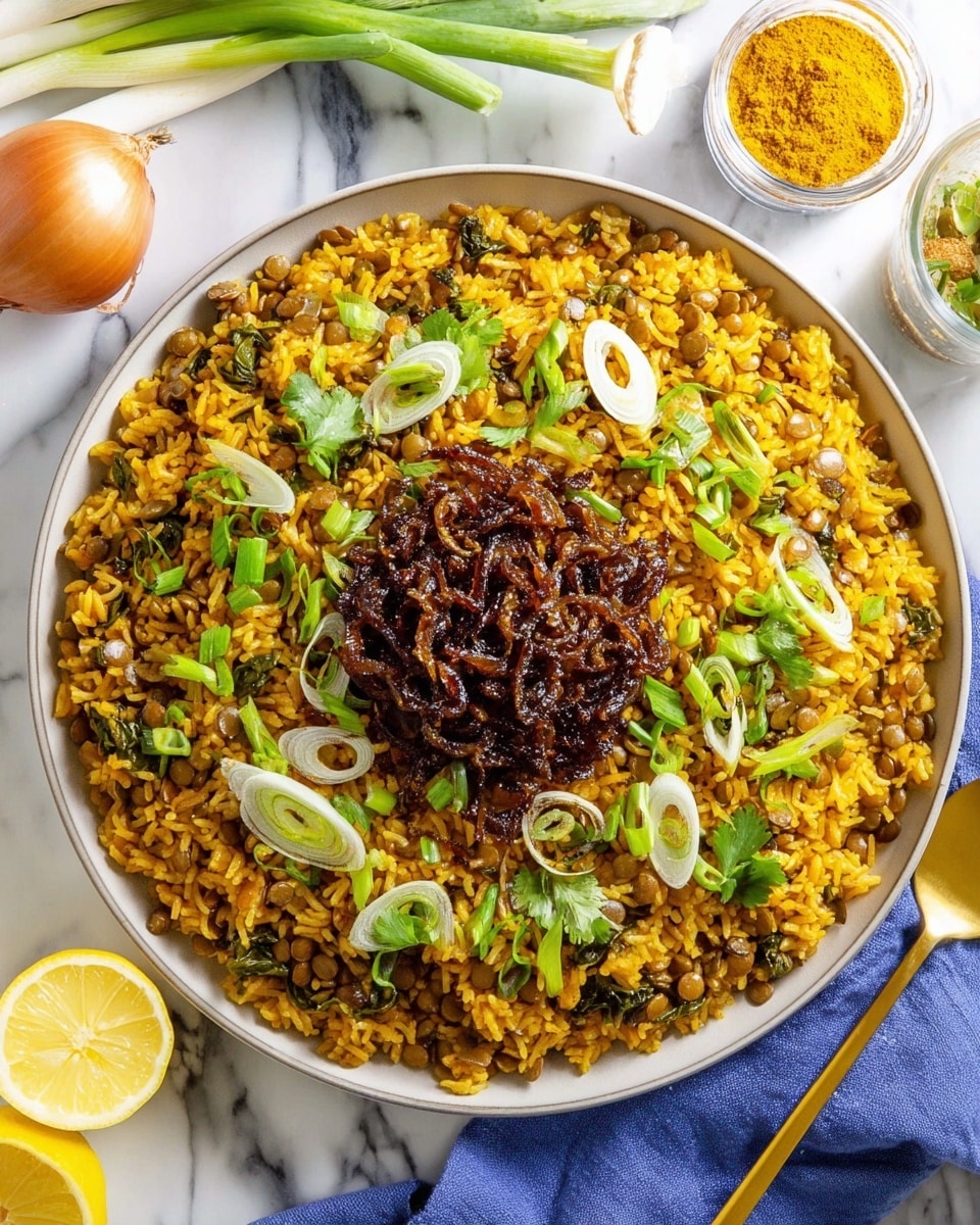 A large white round plate sits on a white marbled surface, filled with a single layer of yellowish-brown cooked rice mixed with small green lentils. On top of the rice, in the center, is a small mound of dark brown caramelized onions with a shiny texture. Scattered over the rice and onions are thin slices of light green spring onions and some bright green cilantro leaves, adding contrast. Around the plate, there are fresh ingredients including a halved lemon, a whole shallot, and a small jar with yellow turmeric powder. A gold spoon rests on the right side on the surface, and a blue cloth is partially under the plate. Photo taken with an iphone --ar 4:5 --v 7