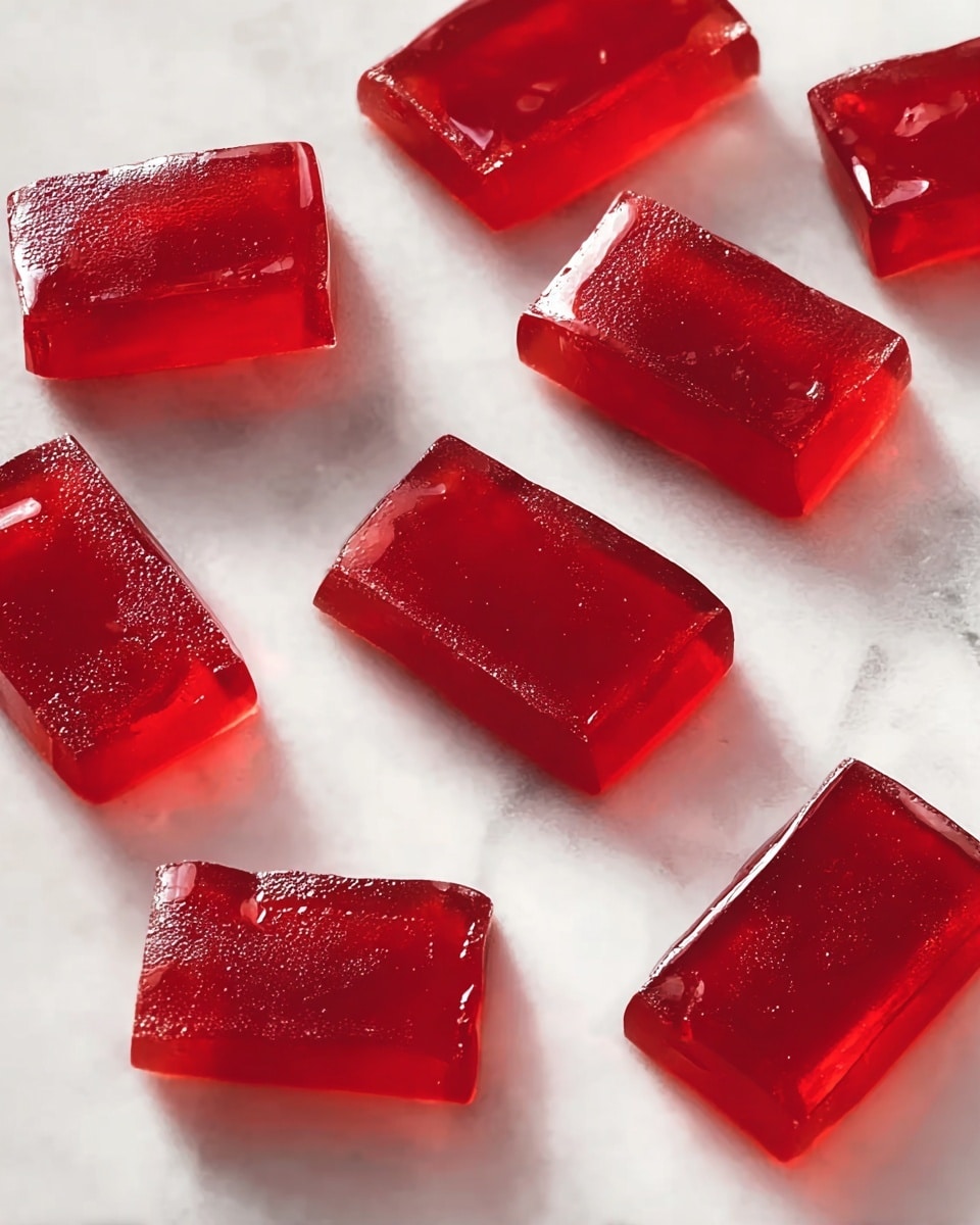 This image shows several small, shiny, rectangular red jelly pieces scattered on a white marbled surface. Each piece has smooth sides with slightly rounded edges and a translucent, glossy texture that catches light. The jelly blocks are vibrant red and all similar in size and shape, lying flat but tilted at different angles across the surface, creating a neat, yet casual arrangement. photo taken with an iphone --ar 4:5 --v 7