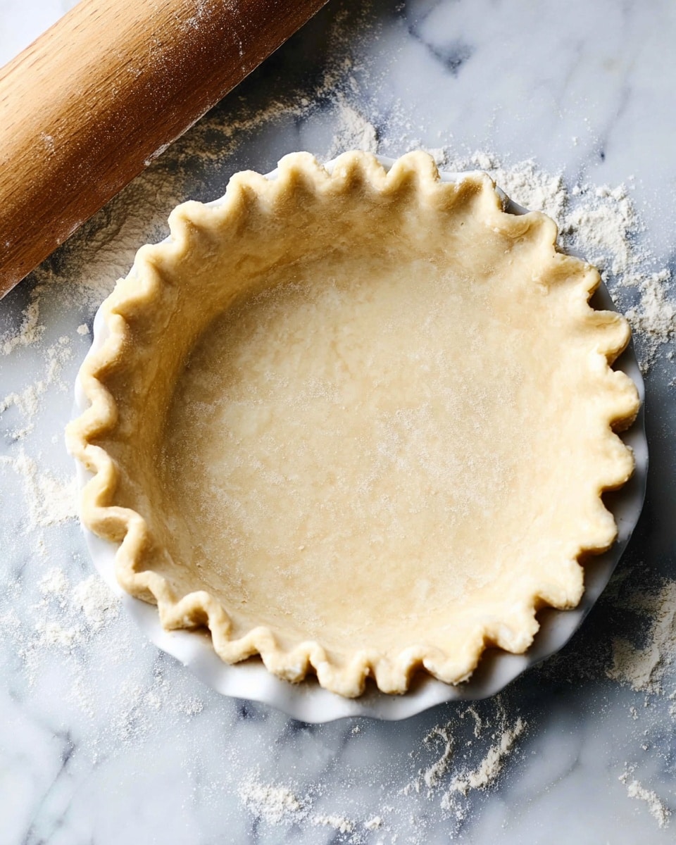 The image shows an uncooked pie crust placed inside a white pie dish. The crust has a light beige color with a slightly rough texture and evenly ruffled edges that form a scalloped pattern around the top rim of the dish. The dish sits on a white marbled surface dusted with flour, and next to it, on the left side, there is a wooden rolling pin partially visible. Photo taken with an iphone --ar 4:5 --v 7