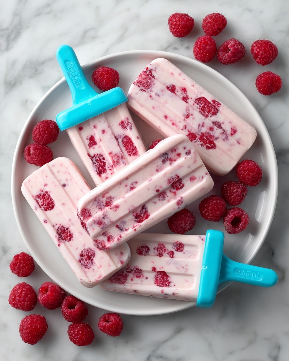 Four creamy pink popsicles with red raspberry pieces inside are arranged on a white plate. Each popsicle has a light blue handle on top. Bright red fresh raspberries are scattered around the popsicles on the plate. The whole scene is set on a white marbled surface. photo taken with an iphone --ar 4:5 --v 7