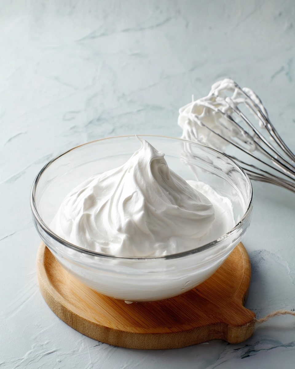A clear glass bowl holds a smooth, thick white whipped cream with soft peaks and swirls visible on the surface. The bowl sits on a small wooden board placed on a white marbled surface. In the background, a metal whisk with white cream clinging to its wires rests, creating a simple and clean kitchen scene. Photo taken with an iphone --ar 4:5 --v 7