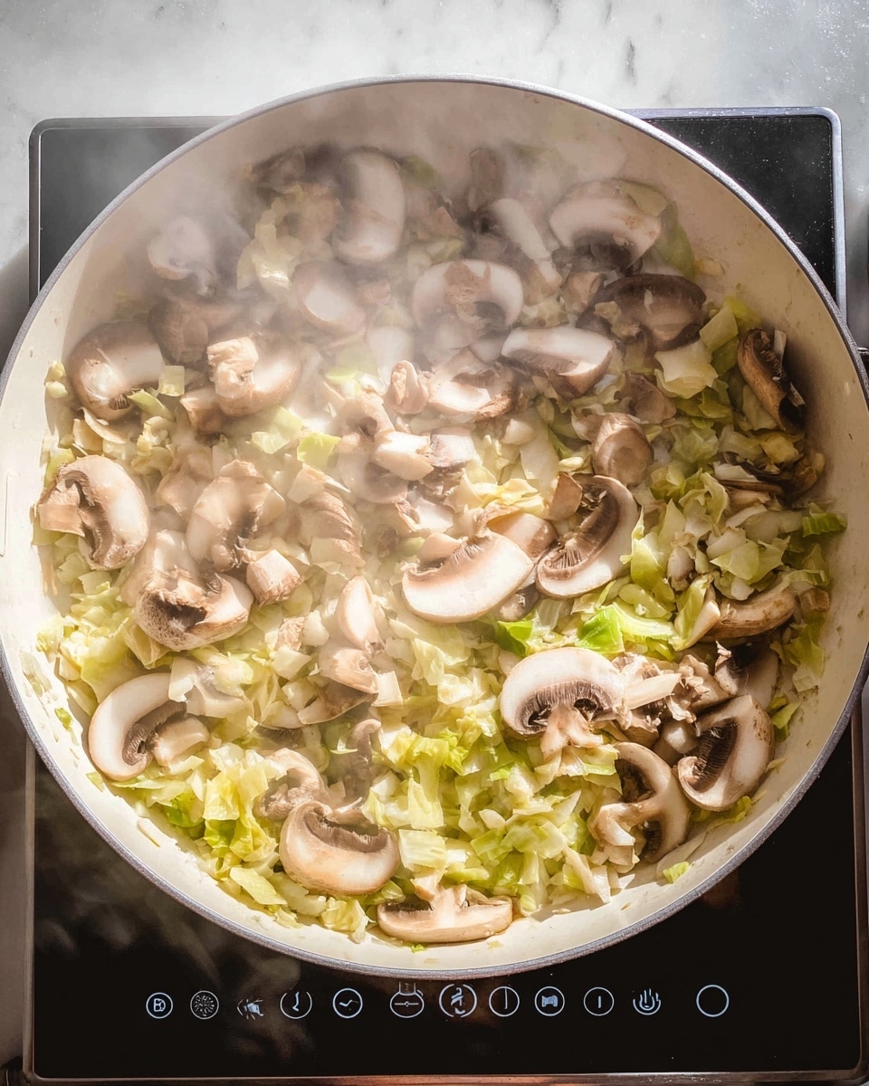 A white pan contains two main layers: the bottom layer made of small chopped light yellow and green vegetable pieces, and the top layer filled with sliced brown and white mushrooms scattered around. The colors blend softly with steam rising, creating a slightly misty view over the food. The background is a white marbled surface, and there is a clear view of an induction burner under the pan, showing control buttons around the pan edges. photo taken with an iphone --ar 4:5 --v 7
