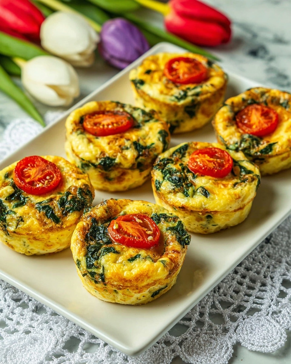 The image shows six mini egg muffins arranged in two rows on a white rectangular plate. Each muffin has a golden-yellow egg base mixed with green spinach and small onion pieces, with a slice of bright red cherry tomato placed on top in the center. The muffins have a slightly browned, crispy edge but a soft, fluffy texture inside. The plate sits on a white marbled surface with a lace cloth partially visible underneath and colorful tulip flowers, including white, purple, and red, blurred in the background. photo taken with an iphone --ar 4:5 --v 7