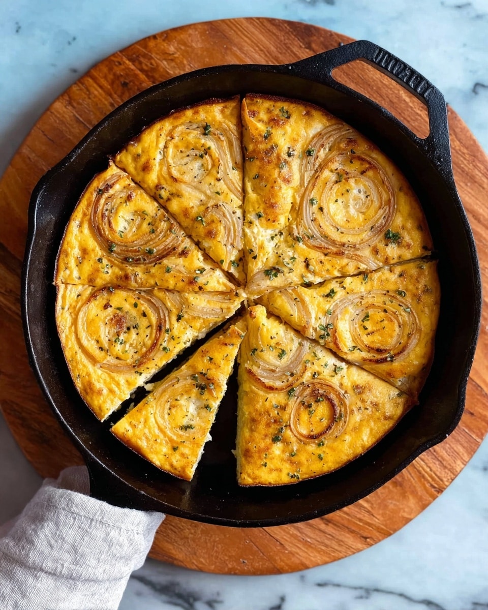 The image shows a cast iron pan with a golden-brown frittata inside, sliced into six pieces. The frittata has onion rings baked on the surface, arranged evenly across the top, with a slight crisp and light browning around the edges. The texture looks fluffy and soft, and there are small bits of herbs sprinkled throughout. The pan sits on a wooden board, and a woman's hand is holding a white cloth on the pan handle. The background is a white marbled texture. photo taken with an iphone --ar 4:5 --v 7