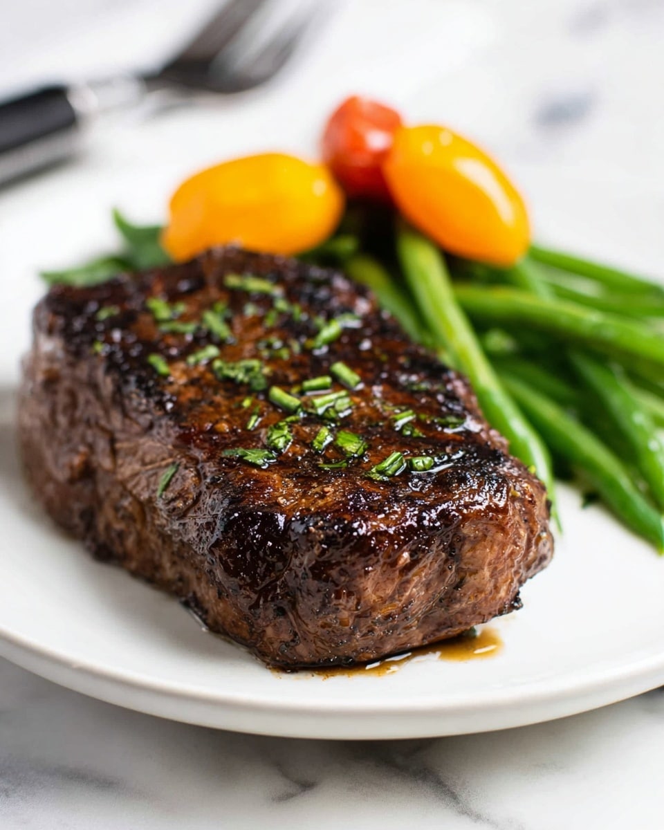 A white plate holds a thick, dark grilled steak with a shiny, slightly charred surface and sprinkled with small green herb pieces on top. Behind the steak, there is a small pile of green beans that are bright and crunchy looking. On top of the green beans sit two small, round, yellow and orange peppers, adding a pop of color. The plate rests on a white marbled surface, and a fork with a black handle is partly visible in the background. The photo taken with an iphone --ar 4:5 --v 7