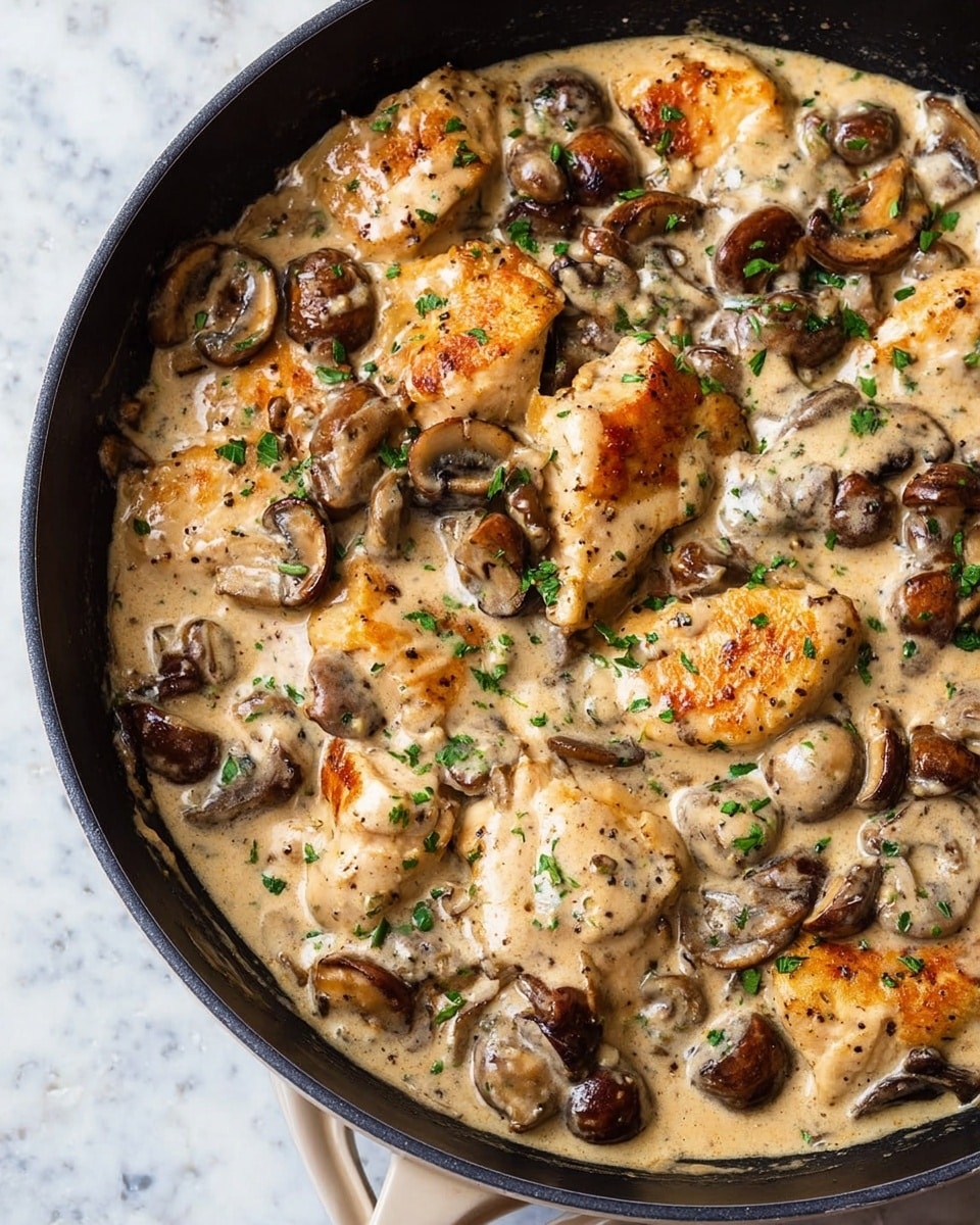 A close-up of a black skillet filled with a creamy mushroom and chicken dish. The dish has several layers: golden brown chicken pieces with a slightly crisp texture, small to medium-sized mushrooms that are dark brown and soft, all covered in a thick light beige creamy sauce that has a smooth texture speckled with black pepper and finely chopped green herbs sprinkled on top. The skillet rests on a white marbled surface photo taken with an iphone --ar 4:5 --v 7