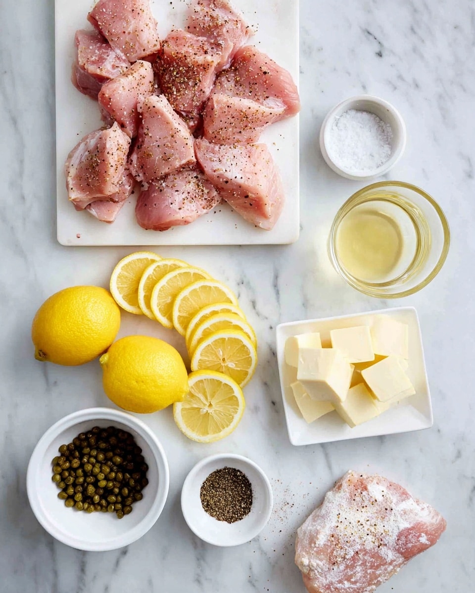 The image shows a white marbled surface with several raw, lightly spiced pink meat pieces spread on a white cutting board at the top. Below, there are thin yellow lemon slices layered in a semi-overlapping curved line next to whole lemons. A small white bowl with dark green capers is placed next to a rectangular white dish holding pale yellow butter blocks. A clear glass with a light yellow liquid is on the right side. At the bottom right, a single spiced meat piece is partially covered in white flour inside a white bowl. Two small white bowls hold ground black pepper and coarse salt. photo taken with an iphone --ar 4:5 --v 7