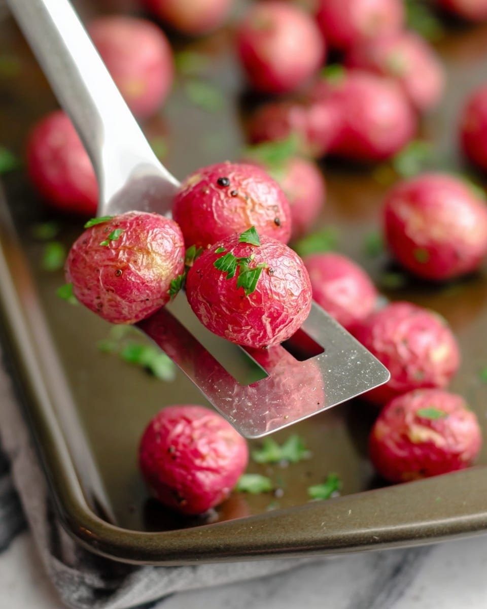 A metal spatula holds several small, round, pinkish-red roasted potatoes with a slightly wrinkled texture, each garnished with small green parsley leaves. The potatoes are shiny with a light coating of oil and small black specks of seasoning. The spatula is lifted above a metal baking tray with a dark surface. In the background, other similar potatoes are spread out on the tray, unfocused. The whole scene is set on a white marbled surface. photo taken with an iphone --ar 4:5 --v 7