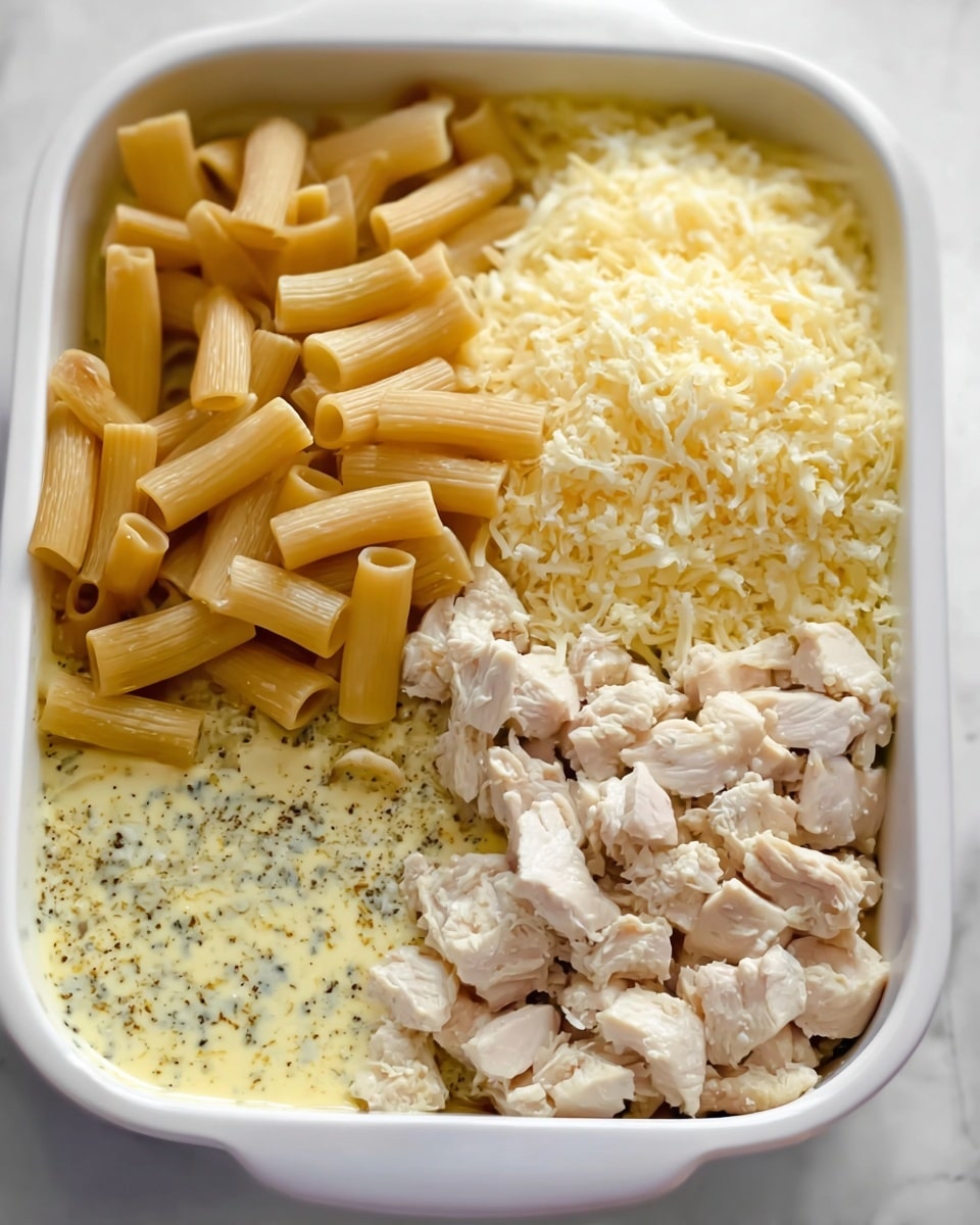 The image shows a white rectangular baking dish on a white marbled surface, containing four separate layers of ingredients not yet mixed. In the top left is a thick layer of uncooked rigatoni pasta, light brown in color with a smooth texture. To the right of that, there is a dense pile of finely grated pale yellow cheese with a fluffy texture. At the bottom right, there is a layer of small chunks of pale cooked chicken with a soft, moist texture. The bottom left section has a creamy sauce with visible herbs and black pepper, light yellow with a smooth and slightly oily surface. Photo taken with an iphone --ar 4:5 --v 7