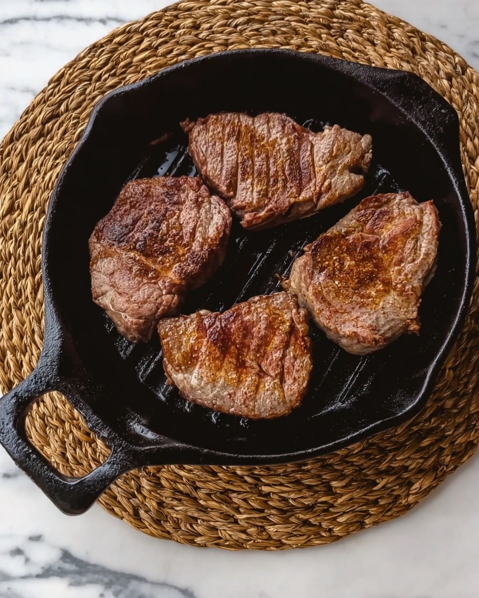 The image shows four pieces of cooked meat with brown seared surfaces, placed inside a black cast iron skillet. The skillet sits on a round wicker mat, and the background is a white marbled surface. The cooked meat pieces have a slightly rough texture with visible grill marks and a rich brown color. photo taken with an iphone --ar 4:5 --v 7