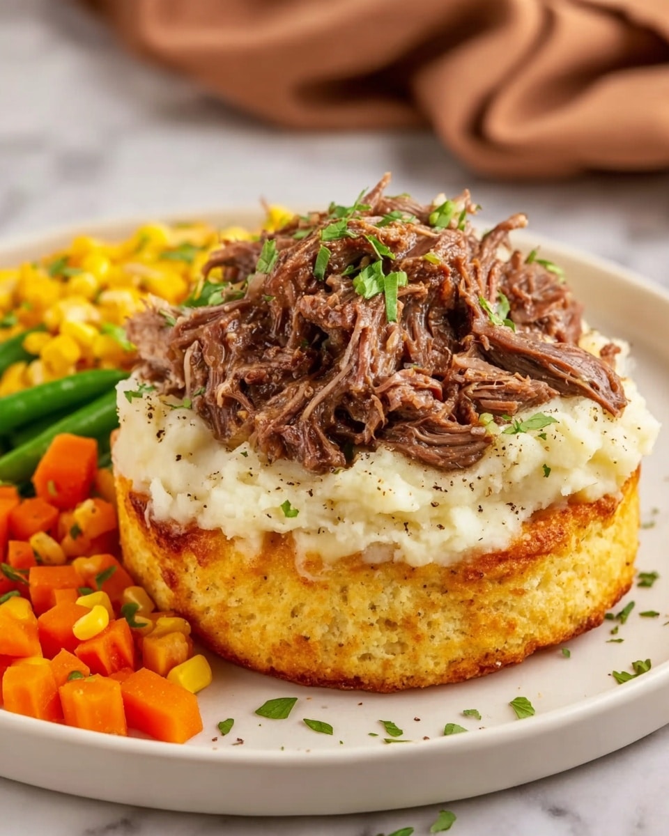 The dish shows a white plate with a base layer of a thick, golden, crispy round biscuit. On top of the biscuit is a layer of creamy mashed potatoes, smooth and slightly fluffy with a light sprinkle of black pepper and green herbs. The top layer is a pile of shredded, tender brown meat mixed with a few green chopped herbs to add color. To the side on the plate, there is a small serving of mixed vegetables including bright orange carrot cubes, yellow corn, and green beans. The plate rests on a white marbled surface with a soft brown cloth in the background. photo taken with an iphone --ar 4:5 --v 7