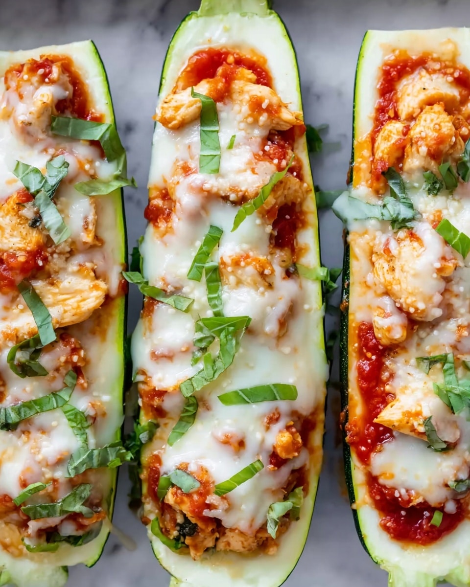 The image shows three zucchini boats placed side by side on a white marbled surface. Each boat is a hollowed-out zucchini half with a dark green outer skin and pale green inside. The first layer of the filling is red tomato sauce, evenly spread inside the zucchini halves. On top of the sauce, there are pieces of cooked chicken with a golden-brown color. Each zucchini boat is covered with melted white cheese that is creamy and slightly stretchy, with some golden spots where it has browned. Small pieces of fresh green basil are sprinkled on top for garnish. The overall look is fresh, colorful, and inviting. photo taken with an iphone --ar 4:5 --v 7