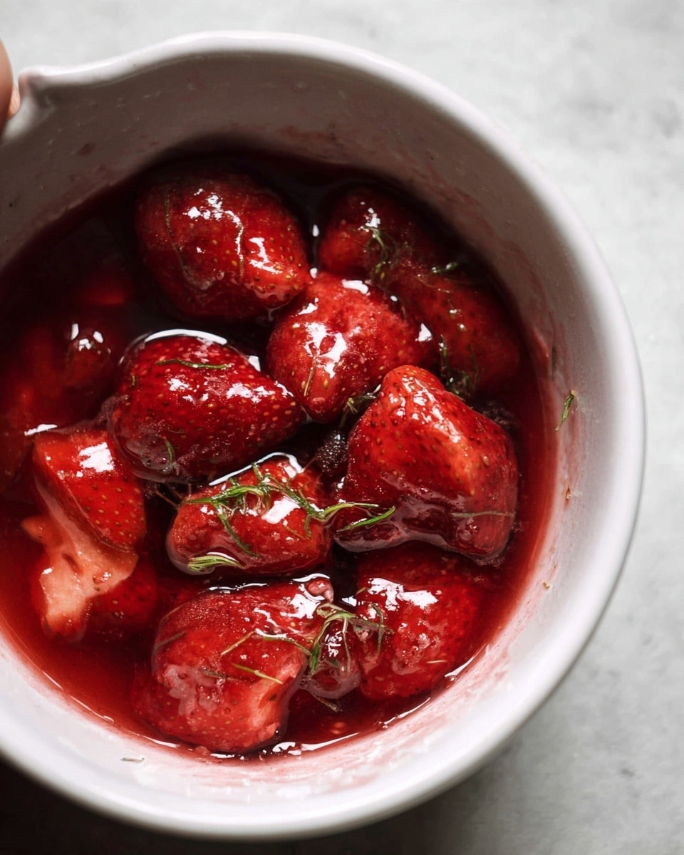 Inside a white bowl, several whole and crushed strawberries are soaked in a thick, bright red syrup. The strawberries' surfaces show tiny seeds and some green herb sprigs scattered throughout. The syrup looks glossy and sticky, coating the berries deeply. The bowl sits on a white marbled textured surface, with part of a woman's hand holding its edge visible on the upper left side. Photo taken with an iphone --ar 4:5 --v 7