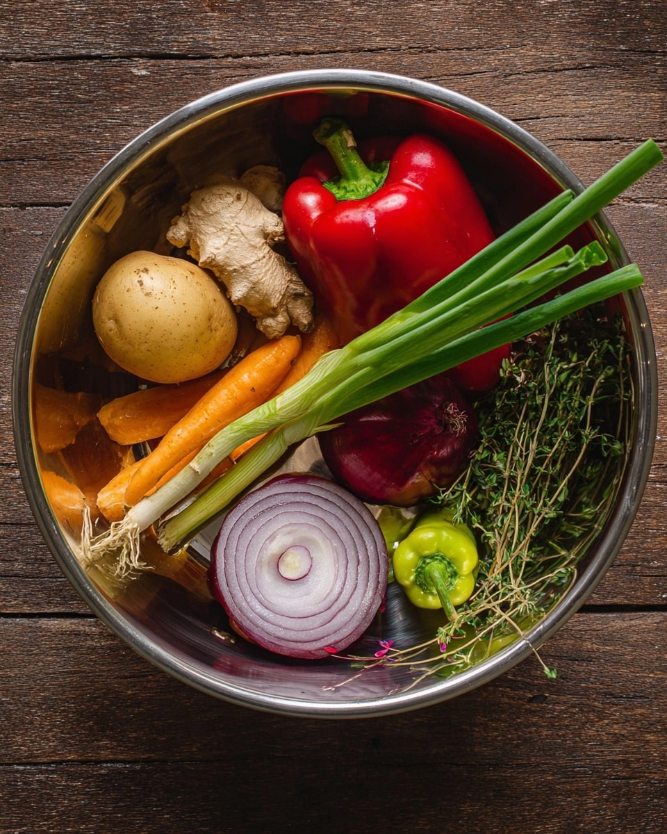 A shiny metal bowl sits on a dark brown wooden surface, filled with fresh vegetables and herbs. Inside the bowl, two light brown potatoes with small sprouts lie in the bottom left. Above them is a piece of light brown ginger with a knobby texture. Two long, green green onions stand upright near the center, crossing over two thin orange carrots that stretch from the bottom to the top. To the right is a bright red bell pepper with a smooth glossy skin. Next to it sits a small, light green scotch bonnet pepper. Below the red pepper is a round slice of purple onion with visible layers, and some small purple onion skin flakes beside it. Fresh green thyme with tiny leaves lies at the bottom right. The lighting shows clear reflections inside the bowl, highlighting the colors and textures. photo taken with an iphone --ar 4:5 --v 7